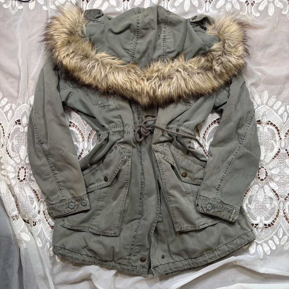 Y2K Bella Swan Fall American Eagle Olive Green Military Parka Faux Fur Hood Coat